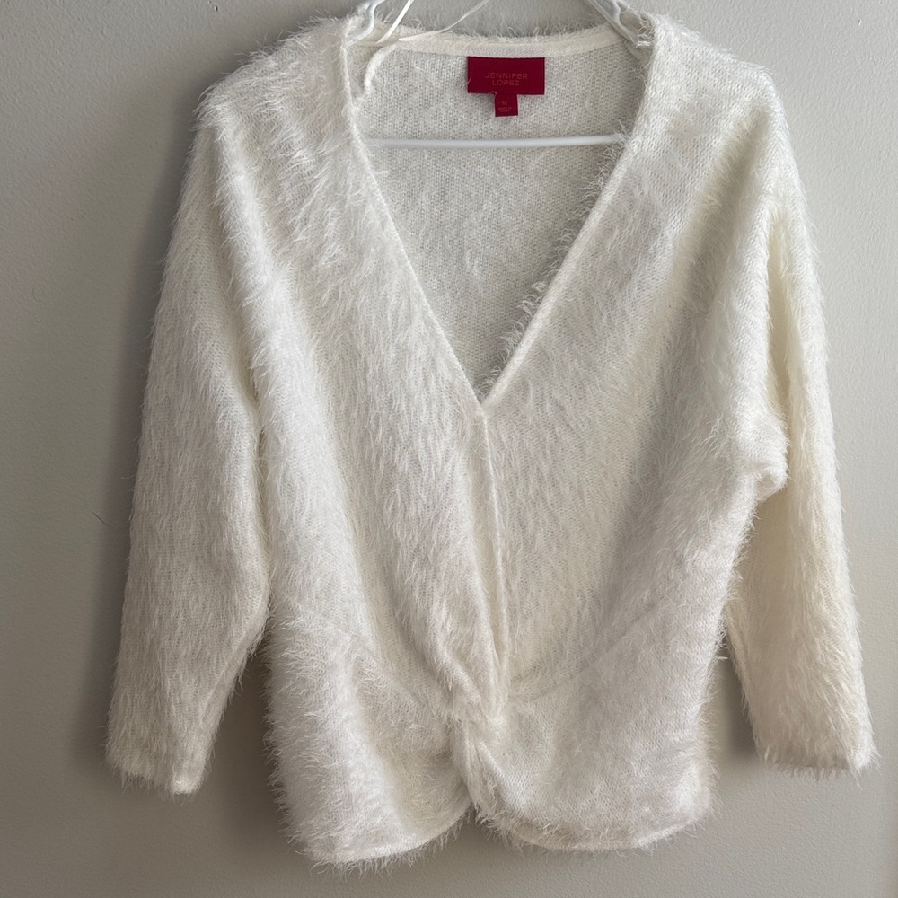 Jennifer Lopez Cream Fuzzy V-Neck Sweater